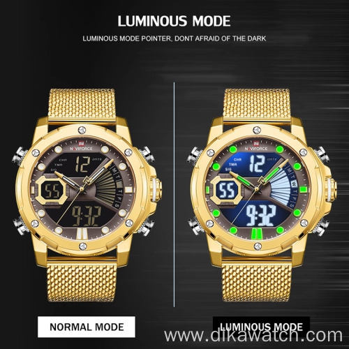 NAVIFORCE 9172 Waterproof Sport Watches For men Gold Quartz Steel Strap Military Digital wristwatches Clock Relogio Masculino